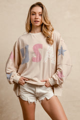 BiBi OVERSIZED French Terry Top with Mixed Print USA and Star Patches in Oatmeal