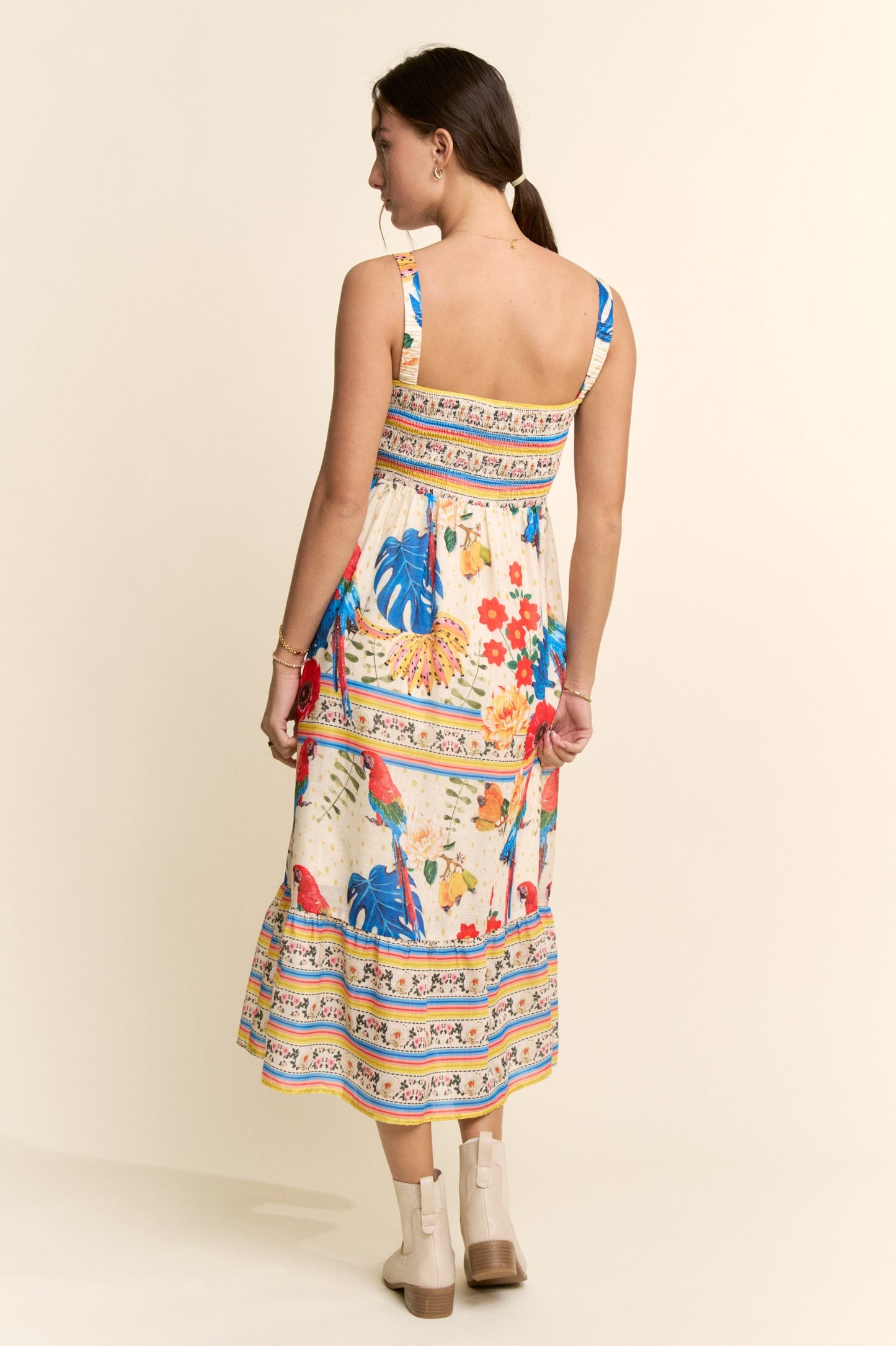 Davi & Dani Parrot Print Maxi Dress in Cream Beige Multi