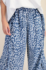 Easel Animal Print Pants with Frayed Details in Washed Denim