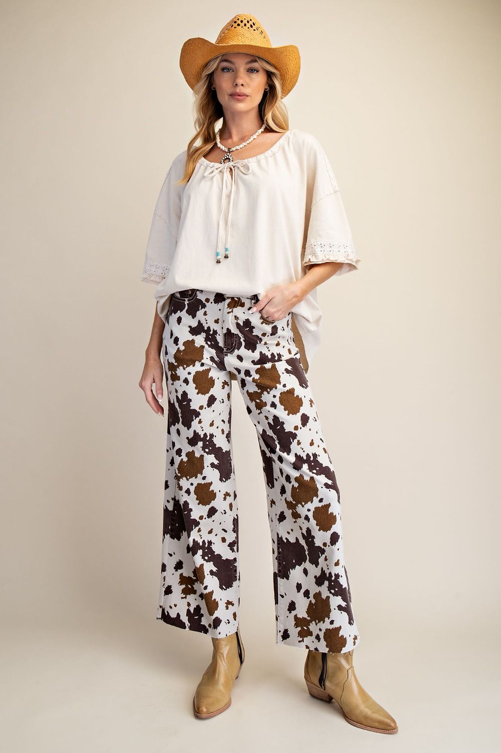 Easel Cow Print Twill Pants in Mushroom