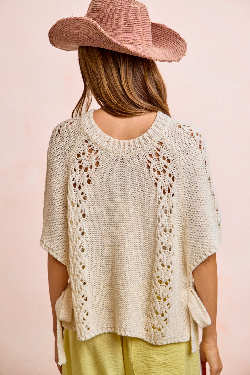 BiBi Textured Garter Knit Sweater Top with Side Ties in Ivory