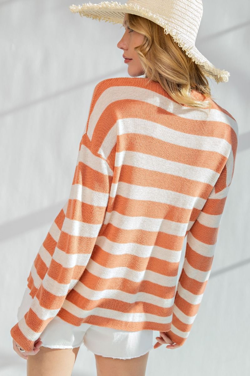 Easel Lightweight Striped Sweater in Rust