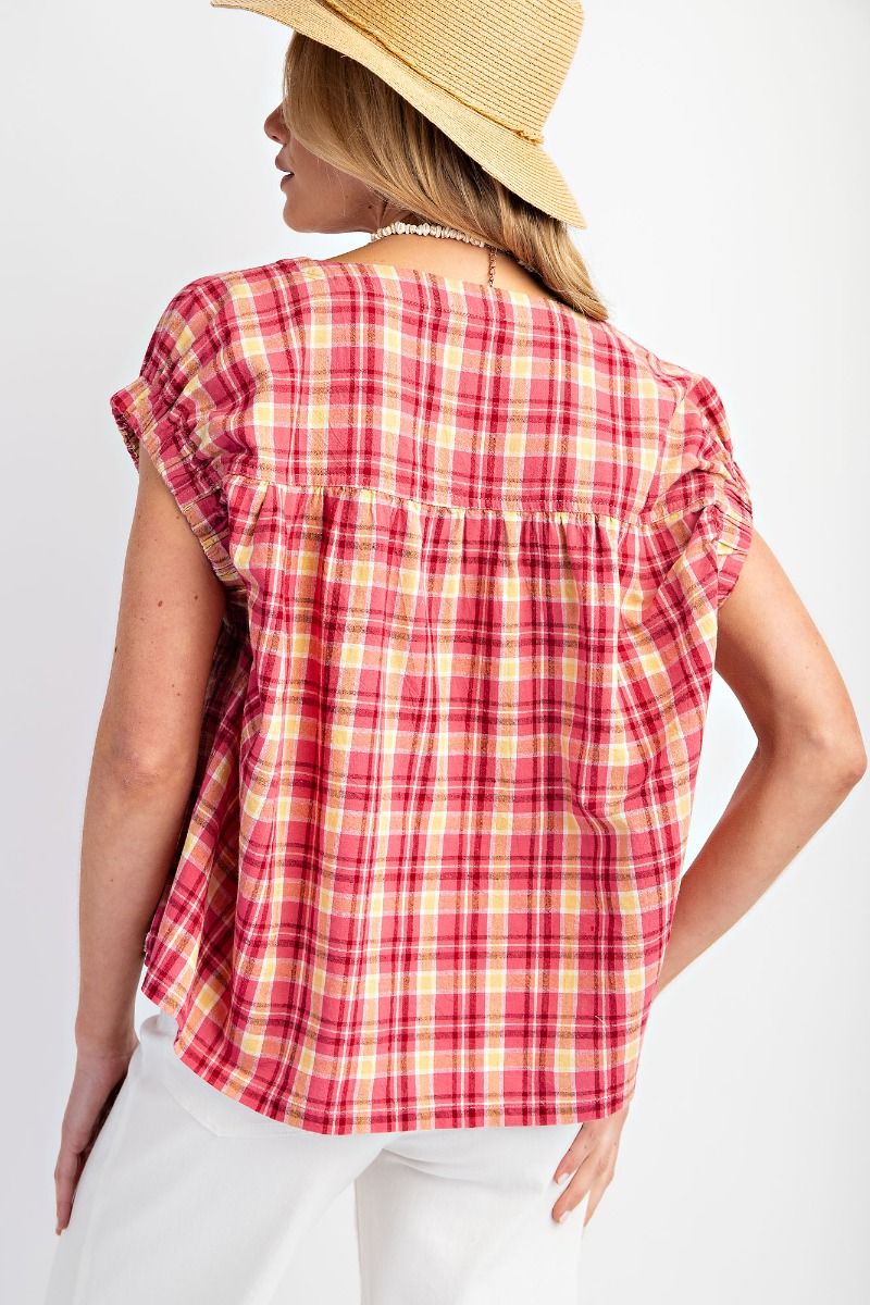 Easel Plaid Pattern Top in Hot Pink