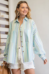 Easel Striped Button Down Shirt in Aqua Blue