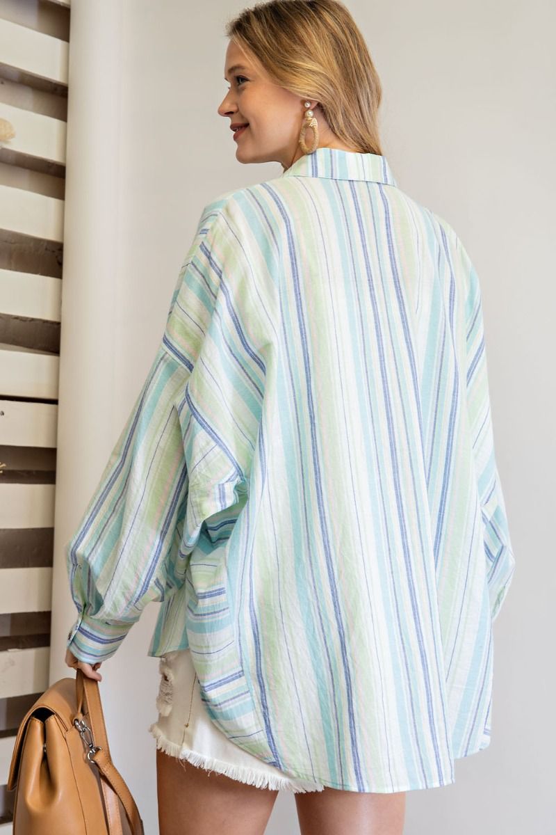 Easel Striped Button Down Shirt in Aqua Blue