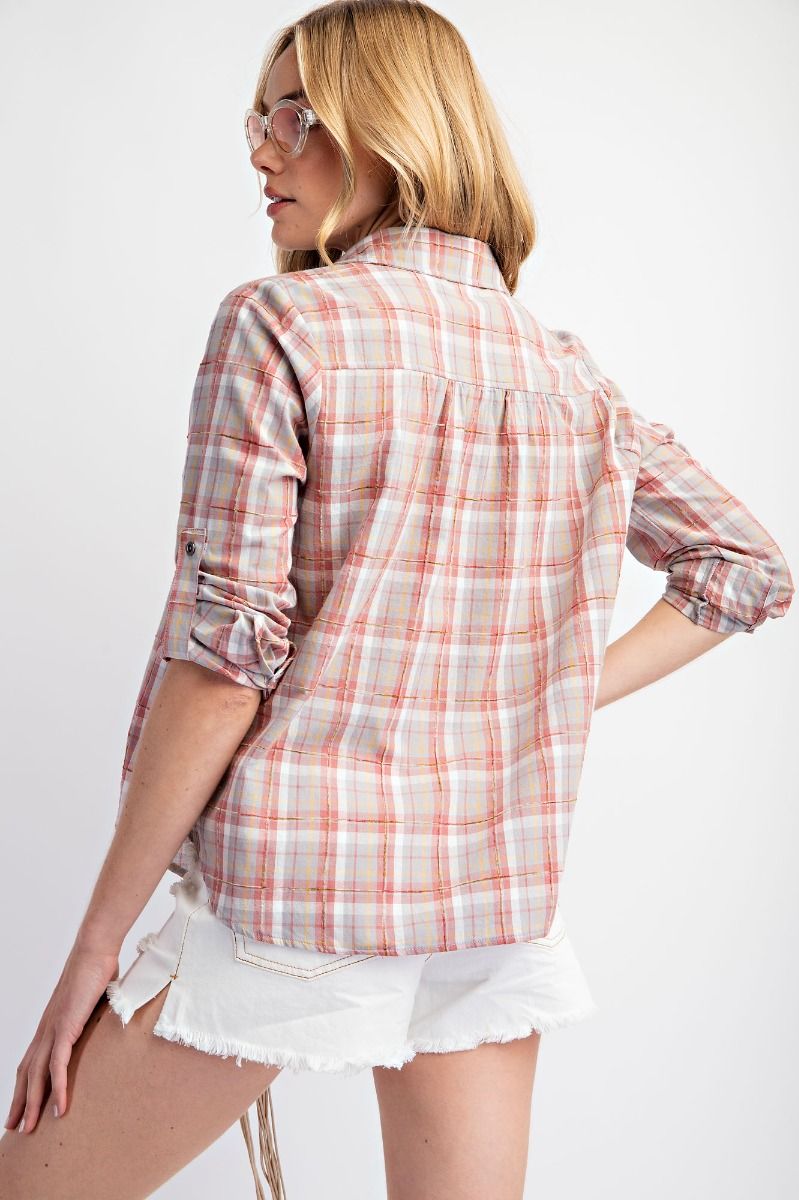 Easel Plaid Button Down Top in Coral Grey
