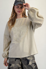 Easel Eyelet Lace Heart Patched Top in Faded Sage