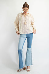 Easel Gauze Top with Contrasting Color Embroidery in Eggshell
