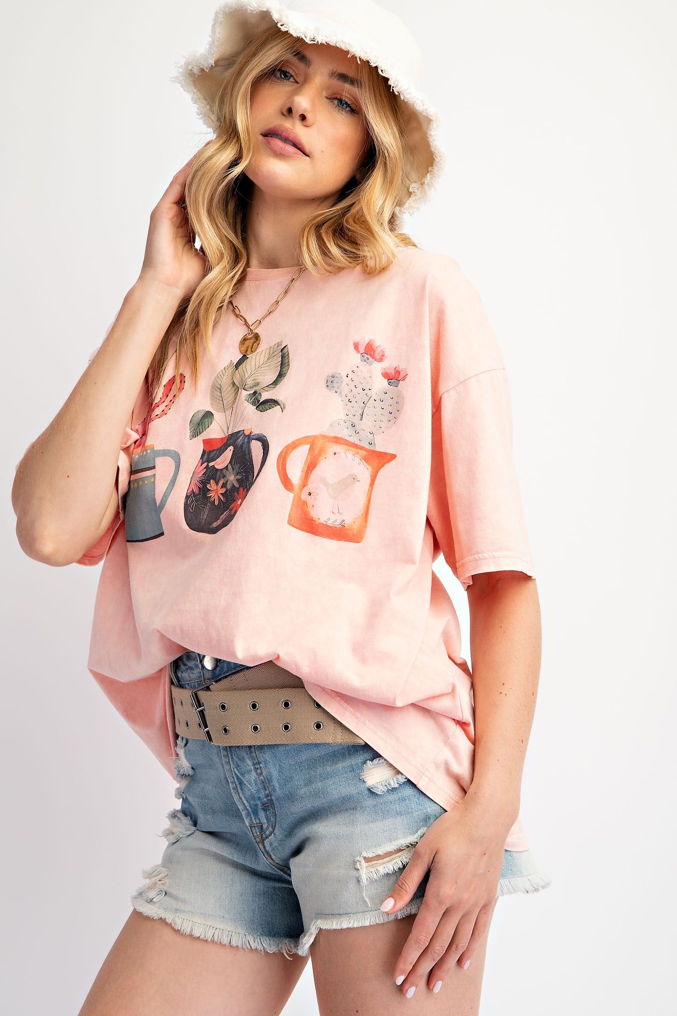Easel Washed Knit Top with Cactus Print Front in Peach Coral