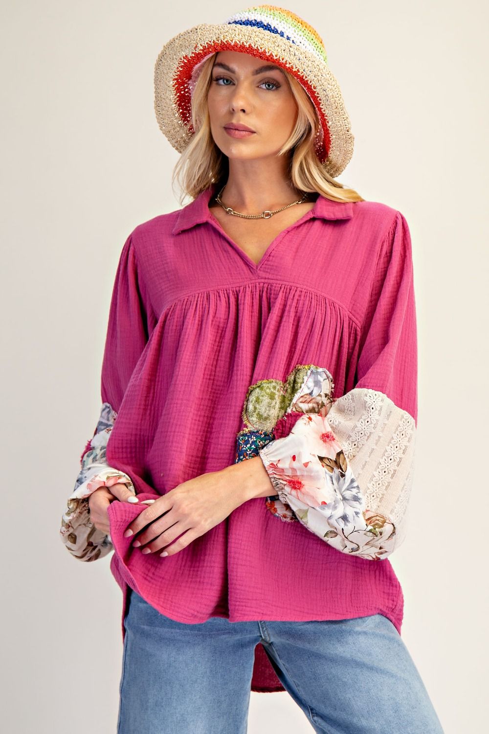 Easel Patched Detail Cotton Gauze Top in Magenta