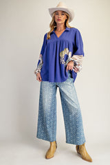 Easel Patched Detail Cotton Gauze Top in Royal Blue