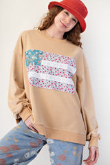 Easel Mineral Washed American Flag Patched Top in Latte