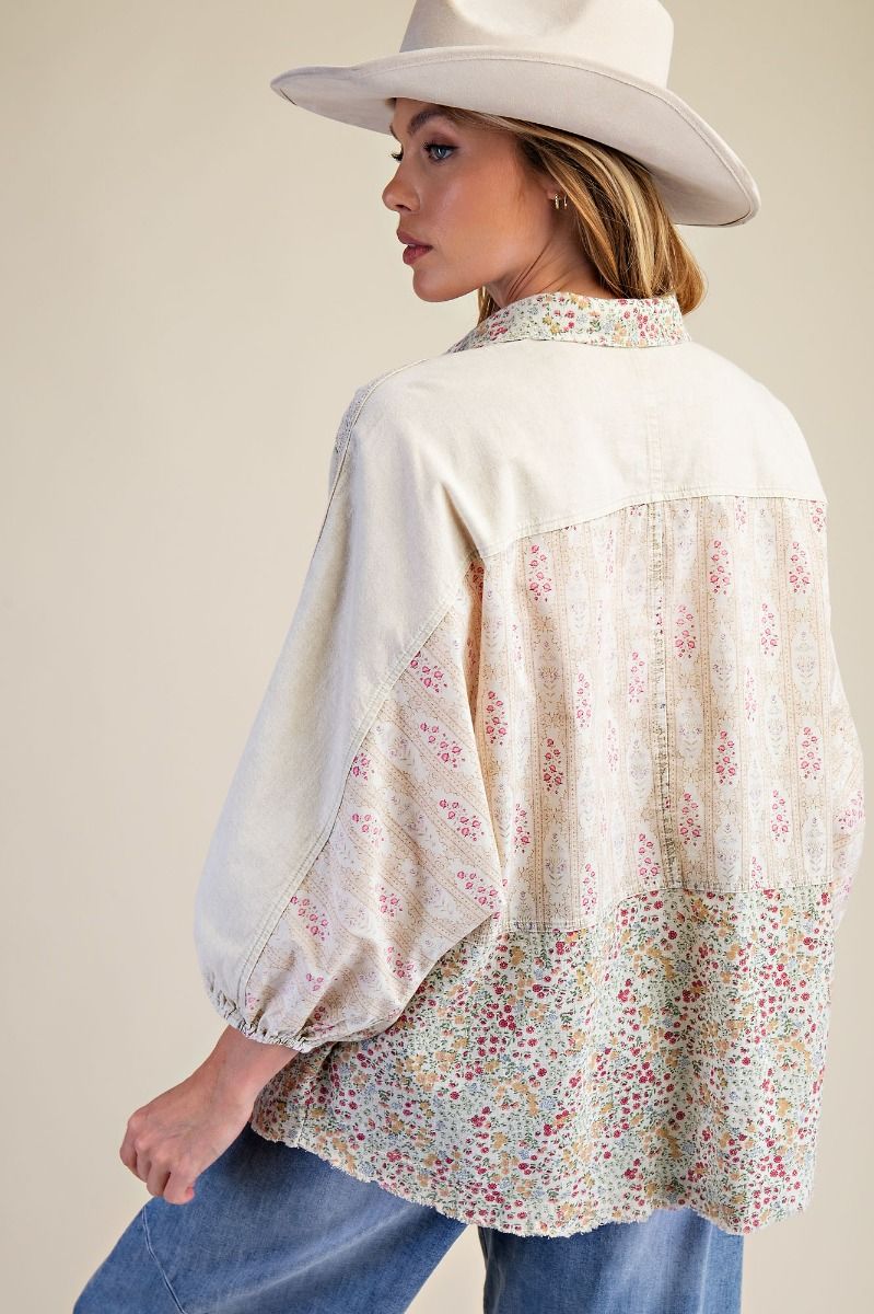 Easel Mixed Print Button Down Shirt in Ecru