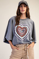 Easel Ruffle Heart Terry Knit Top in Smoke