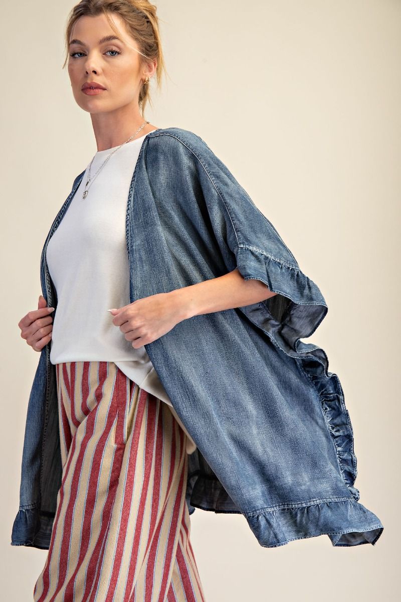 Easel Washed Chambray Star Patched Back Open Front Cardigan in Washed Denim
