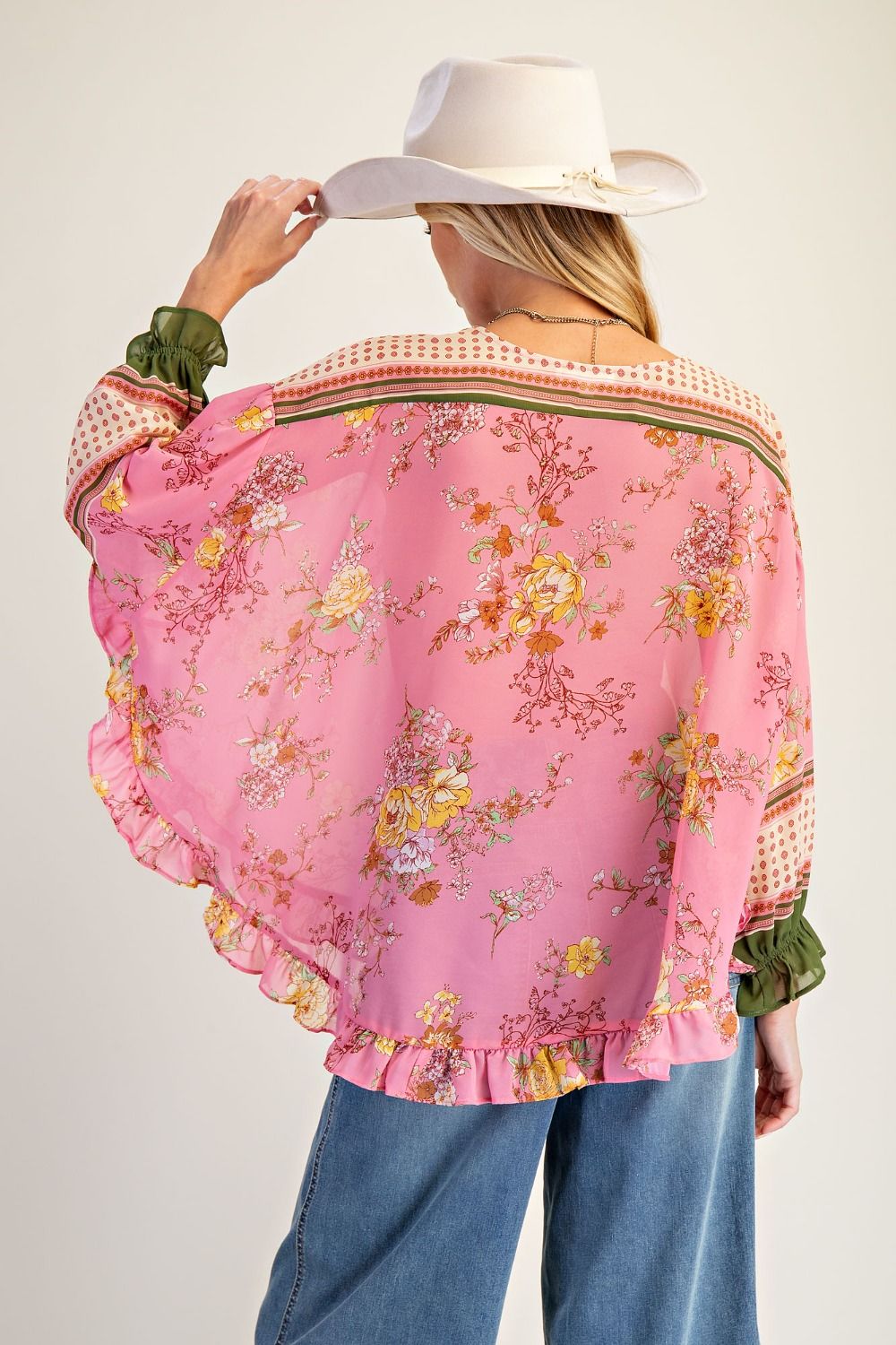 Easel Floral Ruffled Chiffon Top in Coral Pink