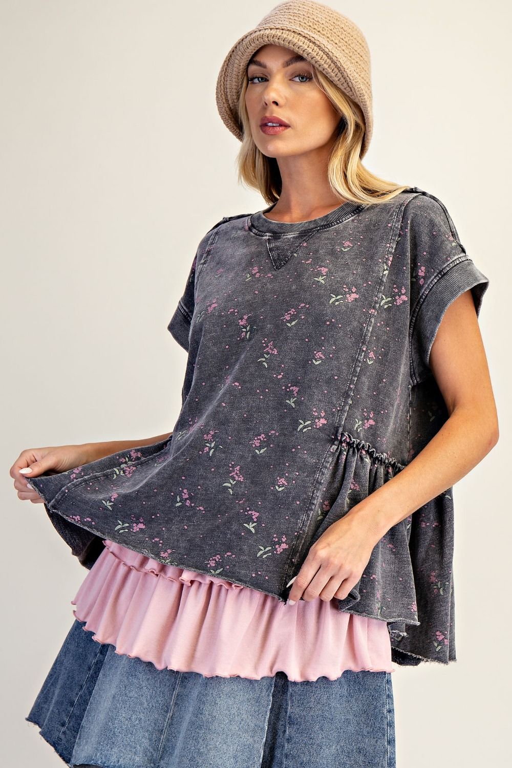 Easel Terry Knit Top with Allover Floral Print in Black
