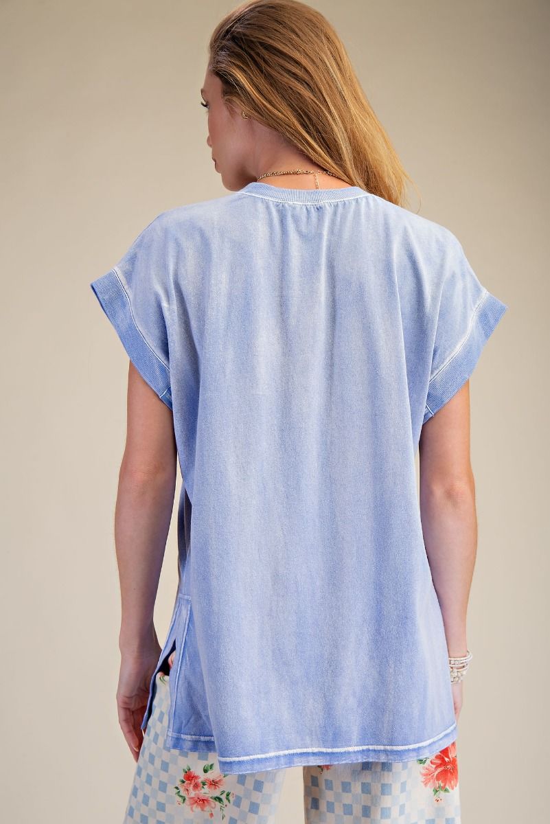 Easel Washed Cotton Jersey Boxy Top in Peri Blue