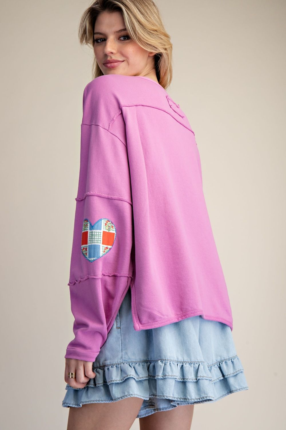 Easel Terry Knit LOVE Patched Top in Orchid Pink