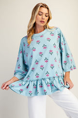Easel Floral Print Terry Knit Top in Dusty Blue