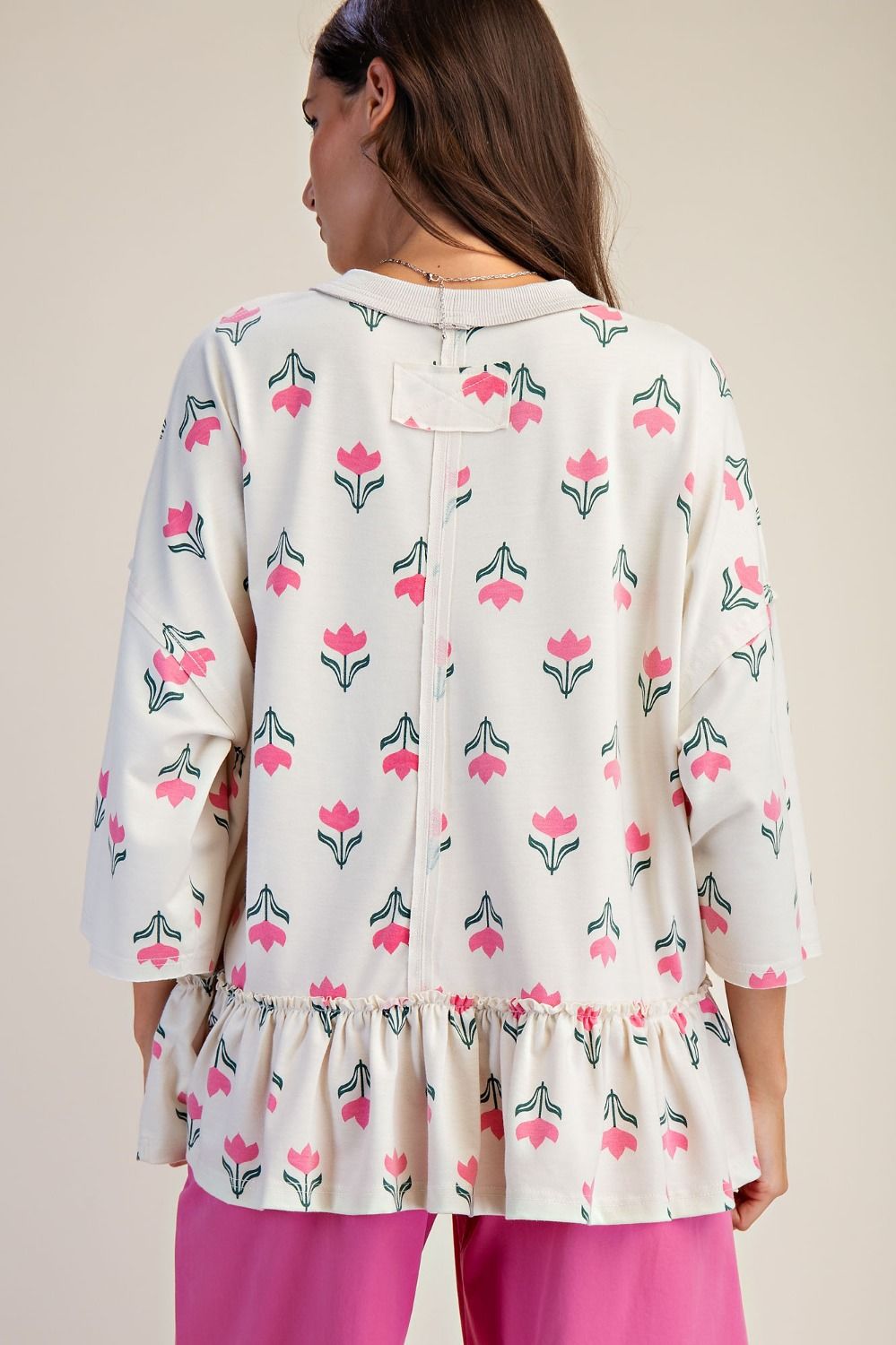 Easel Floral Print Terry Knit Top in Ecru