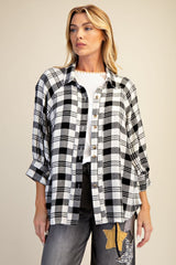 Easel Woven Plaid Top in Black