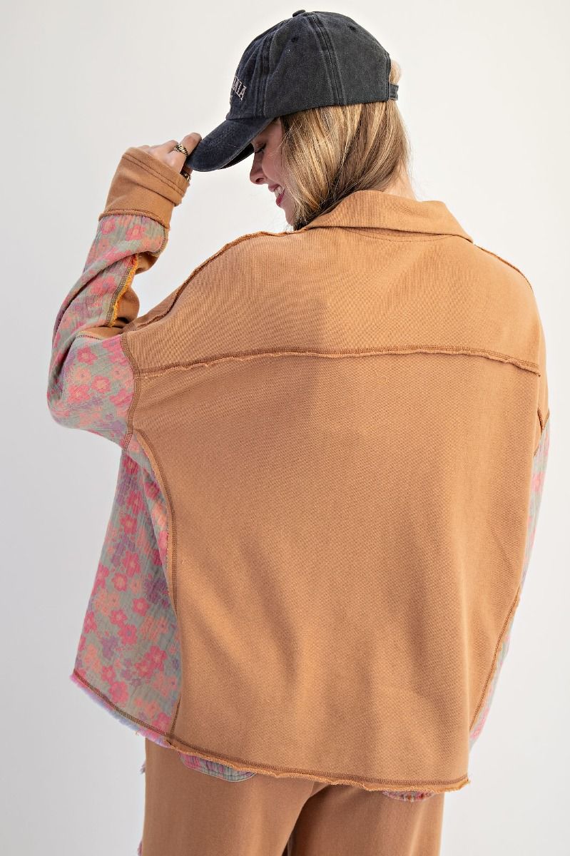 Easel Terry Knit and Floral Knit Pullover Top in Camel