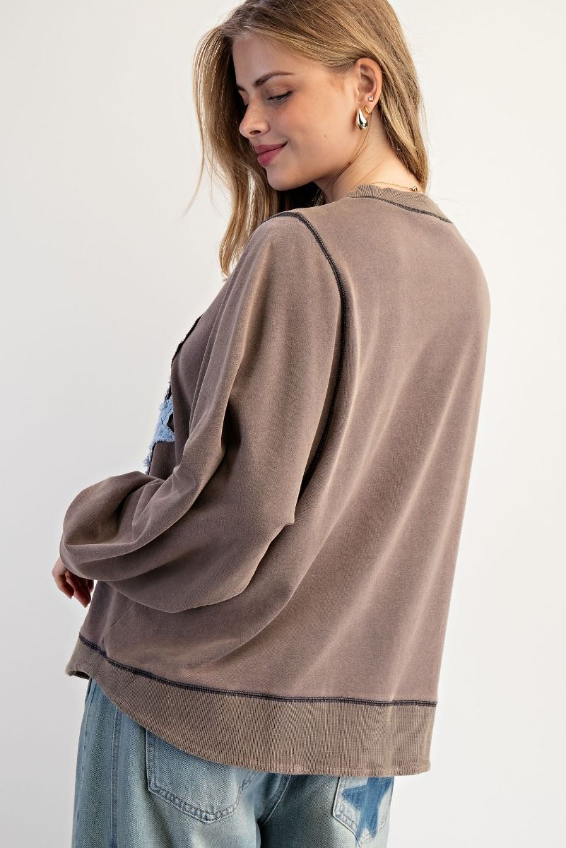 Easel Mineral Washed Terry Knit Top with USA Patches in Mocha