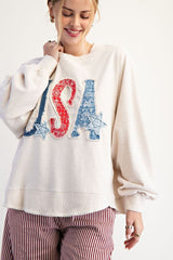 Easel Mineral Washed Terry Knit Top with USA Patches in Oatmeal