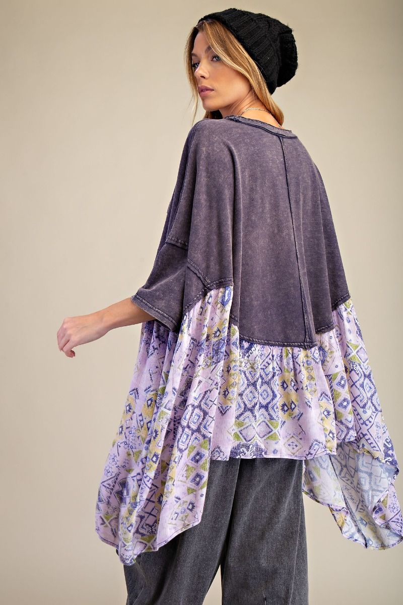 Easel OVERSIZED Solid and Mixed Print LOVE Patched Top in Ash