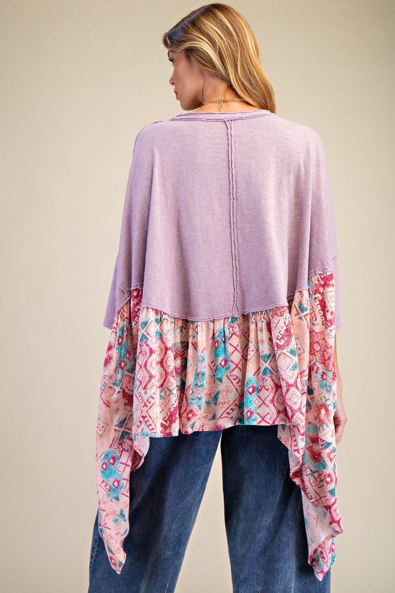 Easel OVERSIZED Solid and Mixed Print LOVE Patched Top in Dusty Lilac