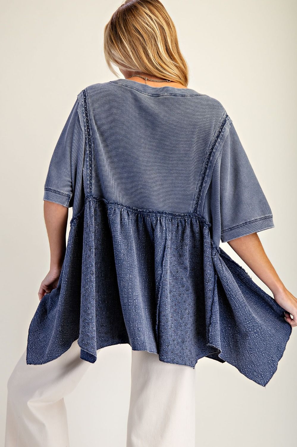 Easel Waffle Knit and Floral Textured Babydoll Top in Blueberry