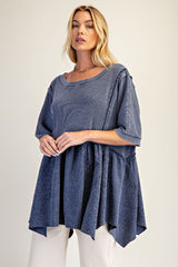 Easel Waffle Knit and Floral Textured Babydoll Top in Blueberry