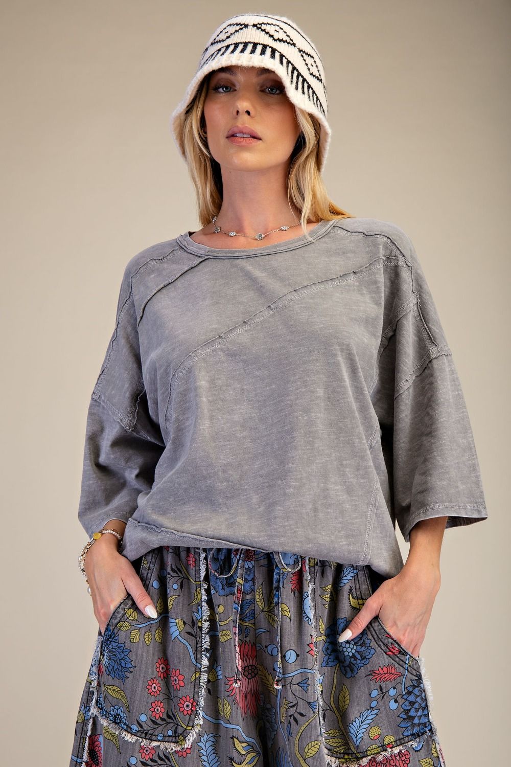 Easel OVERSIZED Mineral Washed Cotton Top in Grey