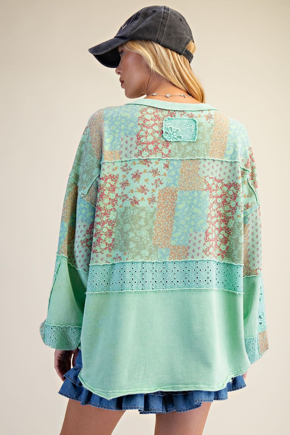 Easel Mixed Print Patchwork Top in Atlantis Green