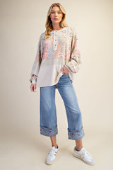 Easel Mixed Print Patchwork Top in Light Khaki
