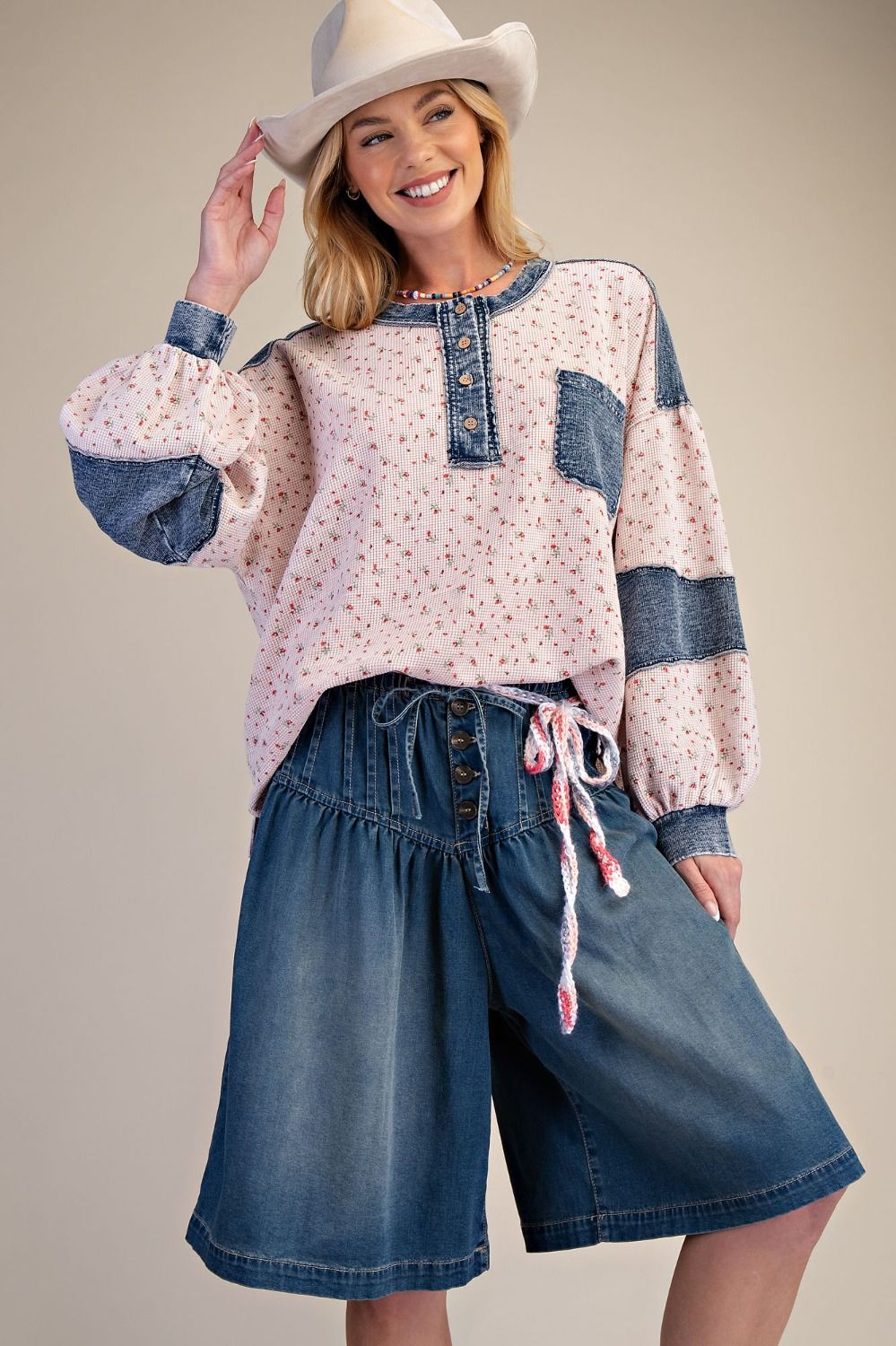 Easel Floral Thermal Henley Top with Denim Contrast in Blush ON ORDER