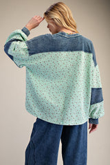 Easel Floral Thermal Henley Top with Denim Contrast in Mint Green