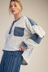 Easel Floral Thermal Henley Top with Denim Contrast in White