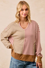 BiBi Thermal Knit Color Block Striped Top in Mocha/Marsala