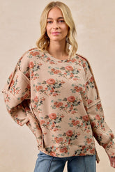BiBi OVERSIZED Floral Print Waffle Knit Top in Taupe