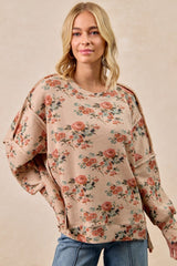 BiBi OVERSIZED Floral Print Waffle Knit Top in Taupe