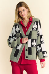 Davi & Dani Front Button Down Cardigan with Checkered & Clover Print in Black Beige FINAL SALE