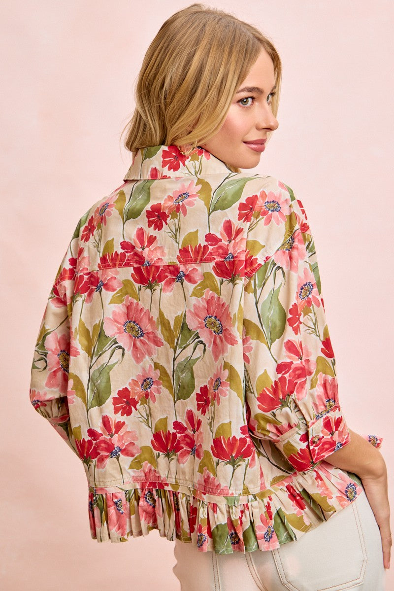 BiBi Floral Print Ruffled Hem Button-Up Quarter Sleeve Top in Floral ON ORDER
