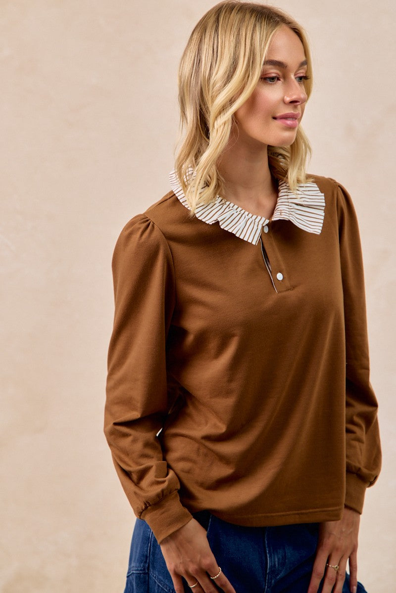 BiBi French Terry Top with Contrasting Striped Ruffle Collar in Dark Mocha