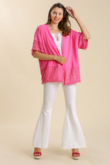 Umgee Open Front Linen Blend Cardigan with Crochet Details in Hot Pink
