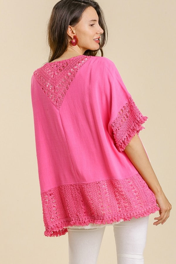 Umgee Open Front Linen Blend Cardigan with Crochet Details in Hot Pink