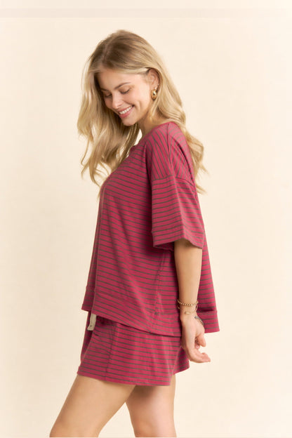 Davi & Dani OVERSIZED Striped Top and Shorts Set in Dusty Pink Multi