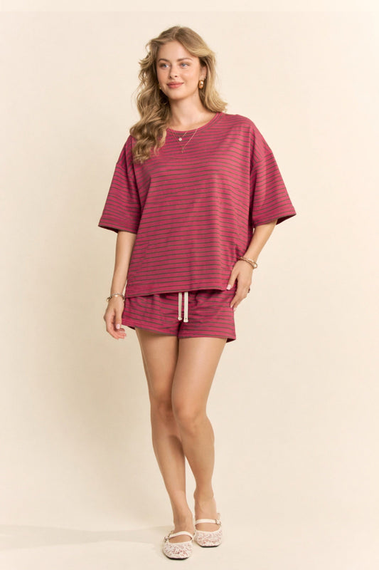 Davi & Dani OVERSIZED Striped Top and Shorts Set in Dusty Pink Multi