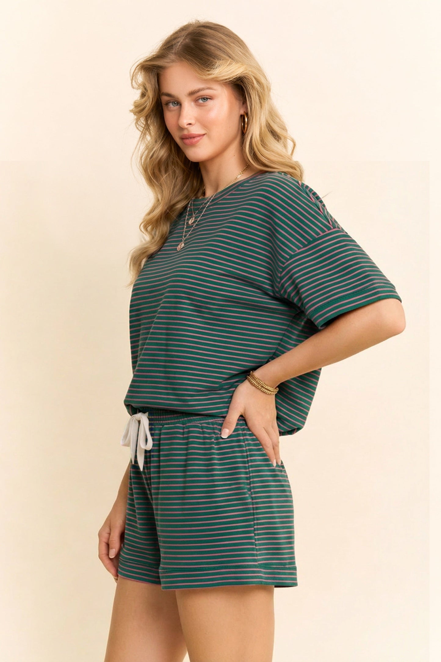 Davi & Dani OVERSIZED Striped Top and Shorts Set in Green/Pink